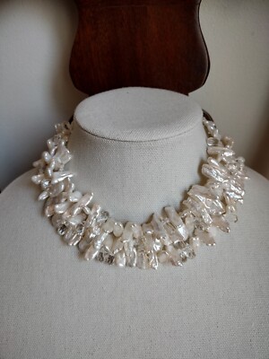 Stunning High Quality Triple Strand Biwa Pearl Necklace Choker Gold 14K Clasp