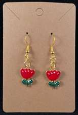 Red Four Petal Flower Earrings - Dangle - Gold Hook - Handmade - Valentine - E
