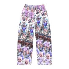 Women's Pajama Pants with Crosshatched Baby Dolls and Weapons, All Over Design