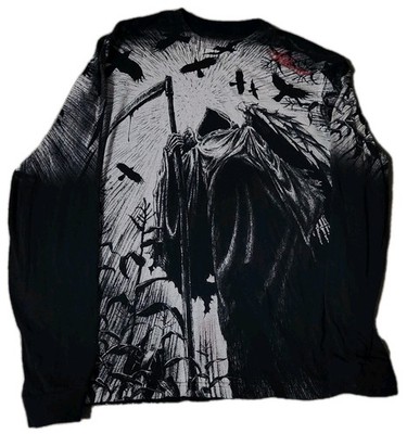 Vintage Y2K Affliction Grim Reaper All Over Print Graphic Shirt Men Medium 27x20