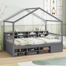 Image of GAINOOM Chic Single Size House Bed Wooden Platform Bed Frame w/Roof Grey