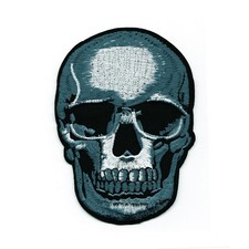 Skull Embroidered Iron-On Patch   Dark Grey  Black Gothic Design