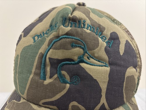 Vtg Ducks Unlimited Camo Trucker Cap Hat Adjustable Snapback Embroidered 1980s - Picture 2 of 12