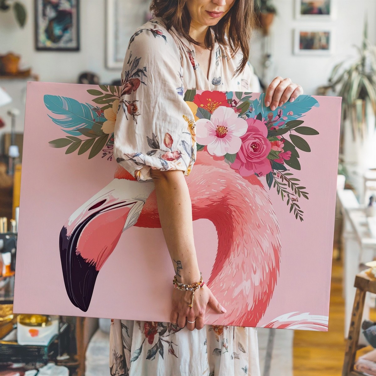 Flamingo With Floral Crown Canvaswhimsical Tropical Wall Art | eBay