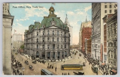 NY NYC, Post Office Aerial View, Broadway Park Row, Busy Street, Trolley, DB Unp
