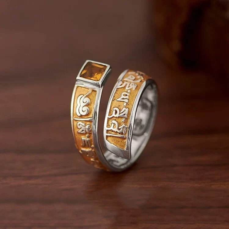 Anillo de citrino de plata Jambhala de resina mantra ajustable joyería étnica budista Foto 3 de 4