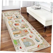 Kids Car Train Rug, 2'6" x 8' Boys Play Carpet, 8' x2'6" Rectangular Grey