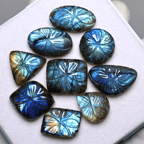 Lot 9 PC Natural Labradorite Hi-Quality 18mm-25mm Hand Carved Cabochon Gemstones - Picture 7 of 13