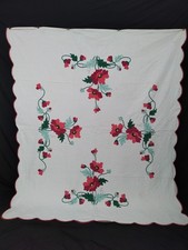 Vintage Handmade Applique Poppy Quilt Scalloped Edge Floral Red White Cotton
