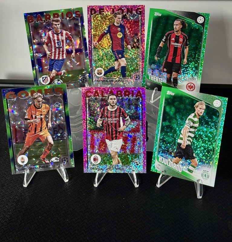 2024-26 Topps UEFA CC SP RC #'d Parallel Lot *6: 2x Green /99, Cracked Ice, Pink