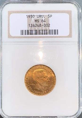 1930 Uruguay 5 Gold Pesos - AGW 1/4 Troy Oz - Constitution Centennial - NGC MS64