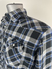Vintage Wrangler Pearl Snap Shirt Mens XL Blue Wrancher Western Cowboy Flannel