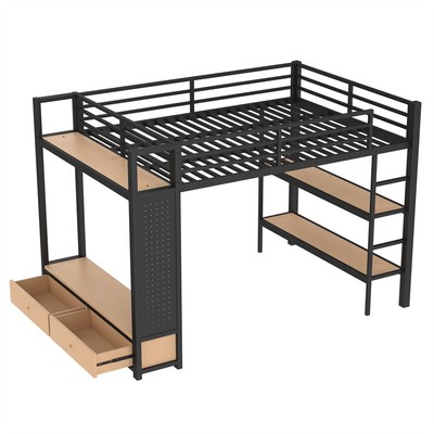 Queen Size Loft Bed Frame w/Wardrobe,Metal Loft Bed with Storage Shelves Black