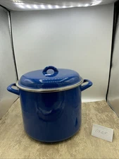 San Ignacio Blue Enamel 8 Quart Stock Pot w cover Made In Spain Stains Inside