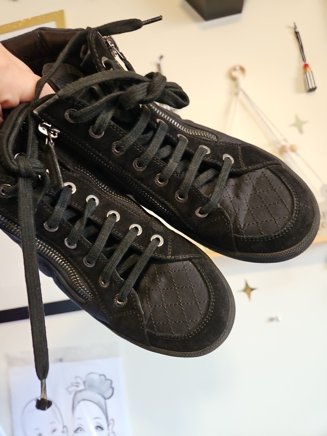 Chanel High Top Sneakers Quilted Suede And Canvas SZ 7-7.5 Good Condition image 5