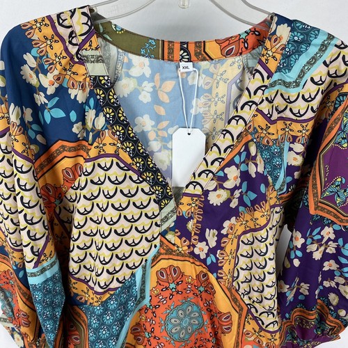 Woman XXL Boho Maxi Swing Dress Bright Colors Pleated Sleeves GORGEOUS - Picture 5 of 13
