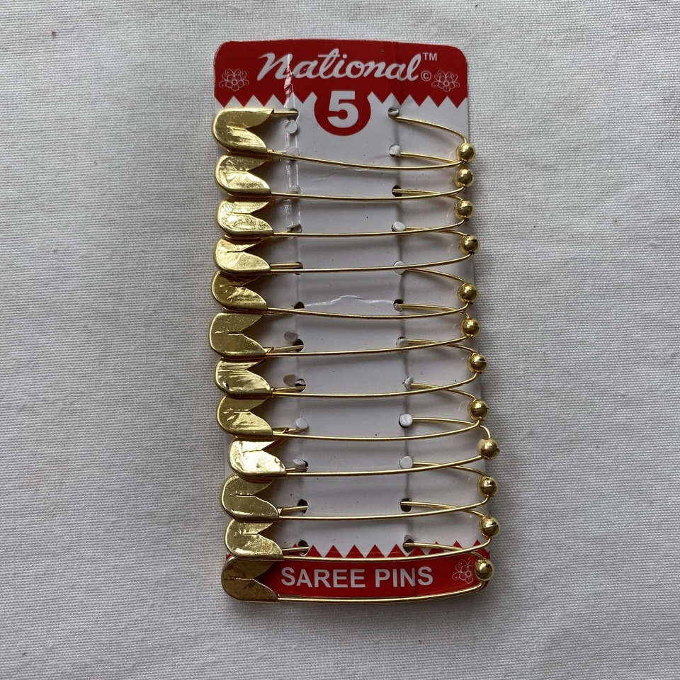 NATIONAL X-Large Saree Safety Pins Golden Colour Metal 5cm 12pc Non Catch Ball Design