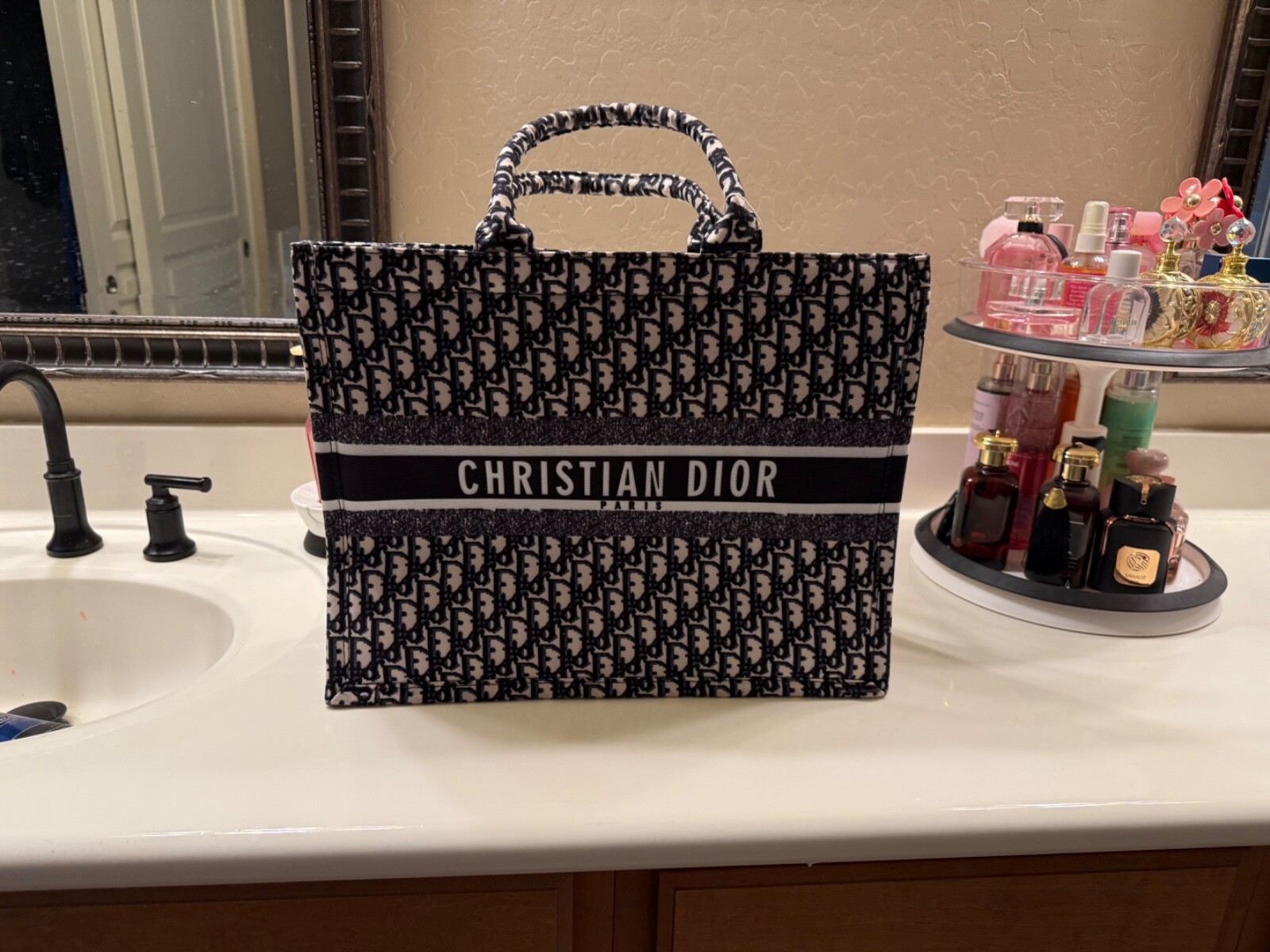 Dior Book Tote Large Navy Blue Canvas Shoulder Bag