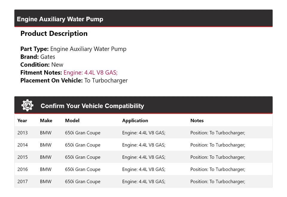 For 2013-2017 BMW 650i Gran Coupe Engine Auxiliary Water Pump Gates 2014 2015 - Image 2 of 4