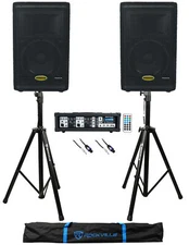 (2) Samson RS10HD 10" 300w Wooden PA Speakers+Powered Mixer+Stands+Cables+Bag