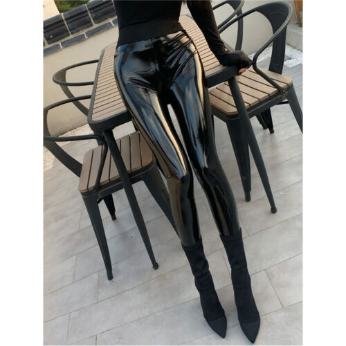 Womens Patent Leather Pants Stretchy Skinny Trousers High Waist Party Black - Picture 4 of 21