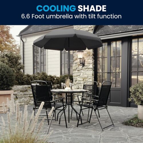Patio Set with Umbrella Four Chairs Table Outdoor Dining Deck Porch Metal Glass - Picture 9 of 10