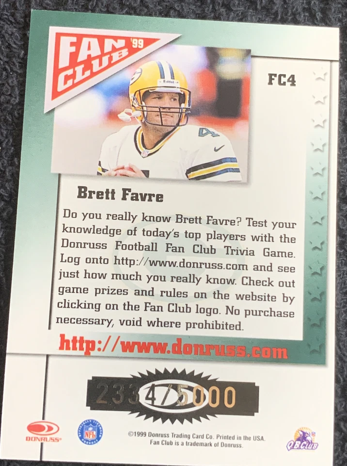 1999 Donruss Fan Club Brett Favre #/5000 Packers #FC4 - Image 3 of 4