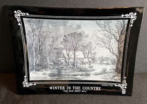 Vintage Haus Glas Currier und Ives Aschenbecher oder Schmuckschatulle Winter auf dem Land