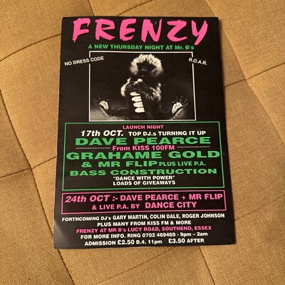 FRENZY Launch Night Dave Pearce Mr B s Southend Essex 1991 Rave Flyer Pin Hole
