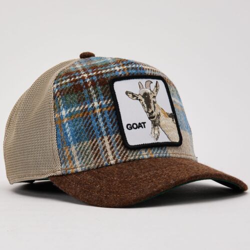 Goorin Animal Farm Trucker Baseball Snapback Hat Cap Moon Goat Tan Plaid Wool - Picture 3 of 4