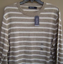 NWT $70 NAUTICA Mens L SNOW COTTON STRIPE SWEATER Woodrift Flax S63622