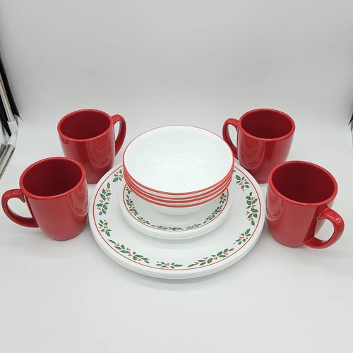 Corelle Red Band Winter Holly 16 Piece Dish Box Set, 4 Red Mugs, Bowls, Plates
