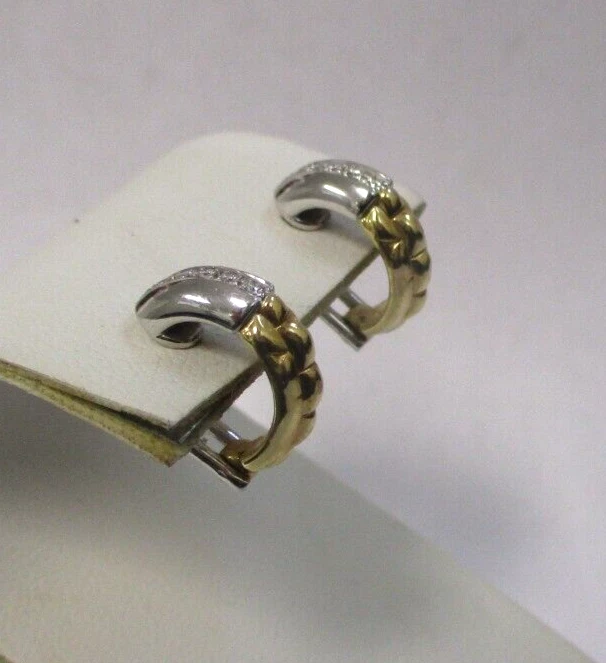FOPE ITALY 18K YELLOW & WHITE GOLD .10ctw DIAMOND HALF HOOP EARRINGS OMEGA BACKS - Image 4 of 4