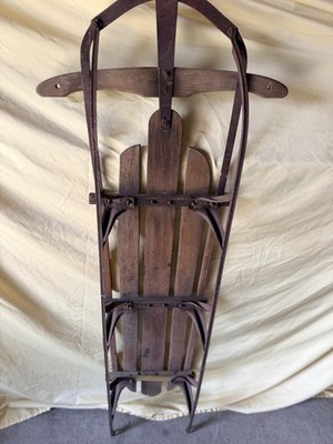 Traditional Vintage Wooden Sled Brown & Metal Runners Winter Sports