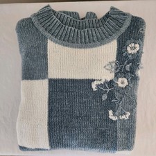 Alfred Dunner Color Block Chenille Sweater Large Blue White Embroidered Granny