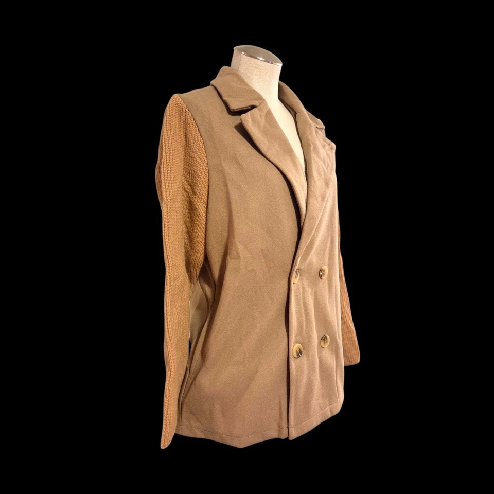 Camel Double Breasted Blazer Mixed Media Knit Sleeves Tan Large - Image 2 of 4