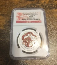 2012P AUSTRALIA S 50C YEAR OF THE DRAGON NGC MS 70 DRAGON COLORIZED (Red&Yellow)