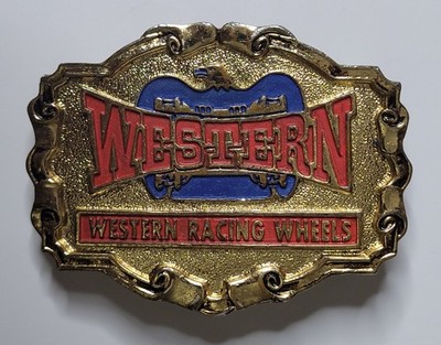 WESTERN RACING WHEELS Brass Belt Buckle, vtg 1970s, Blue Eagle