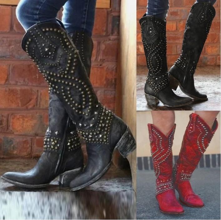 Women Knee High Boot Riding Boot Pull On Mid Block Heels Pointy Toe Motor Biker