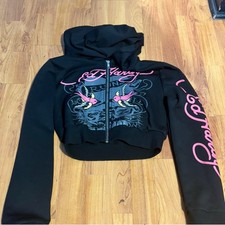Ed Hardy Men's Tracksuit Set Croped Zip-Up Hoodie and Sweatpants Black Pink