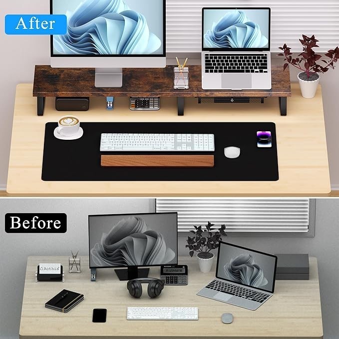 Aothia Supporto Monitor Doppio Legno con Cassetto Rialzo Scrivania Porta PC Dual foto 4