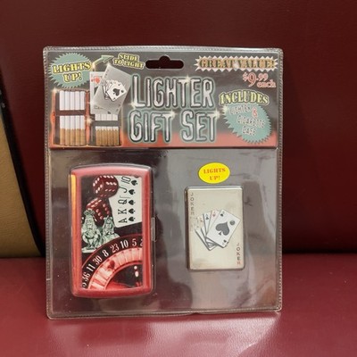 metal butane lighter and cigarette case gift set poker card design and light-up