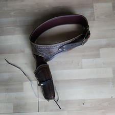 Vintage Mexican Brown Tooled Leather Gun Holster Belt 45/38 Right Hand box 1