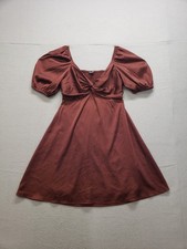 Express Women Dress S Terracotta A Line Puff Sleeve Ruched Bust A Line Knee Leng