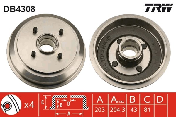 2X Bremstrommel TRW DB4308 FüR Mazda Ford Fiesta Fusion 5 4 Van 16V LPG Tdci DY-image