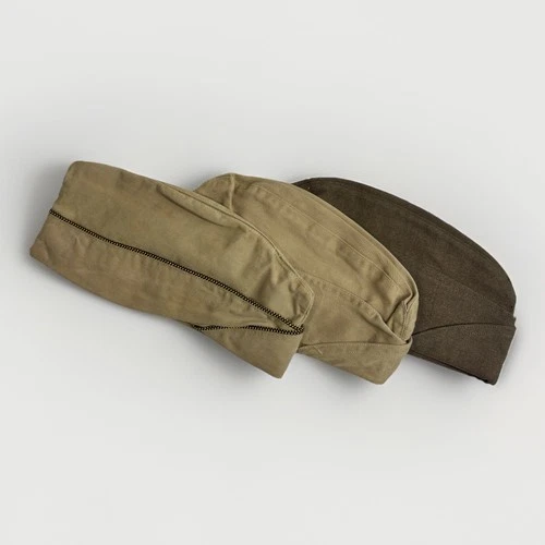 Lot of 3 Vintage Military Garrison Caps WW2/Korea Era Khaki & Brown Side Caps