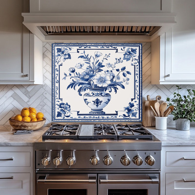 Porcelain Vase Look Print Backsplash, Tempered Glass Kitchen Backsplash