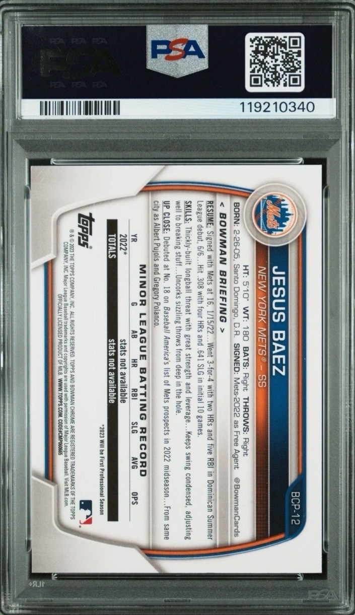 Jesus Baez 2023 Bowman Chrome AUTO PSA 10 GEM /25 TRUE ORANGE REFRACTOR #12 view 2