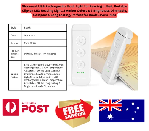 Glocusent USB Rechargeable Book Light for Reading in Bed Portable Clip- AU STOCk