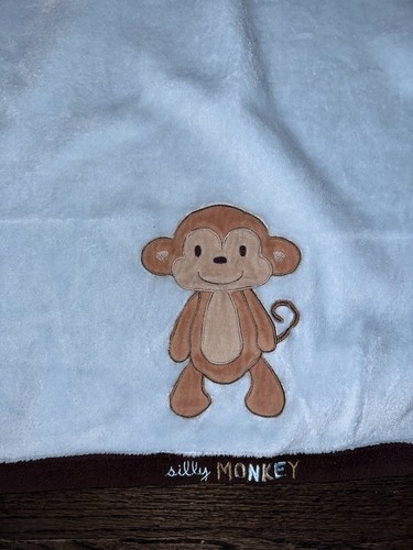 Carters Just One You Silly Monkey Baby Blanket Blue Brown Trim Fleece - Picture 2 of 5